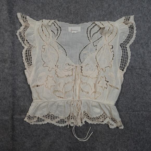 Anthropologie Top Womens Medium? Lace V-Neck Blouse Boxy Cream Peplum - Picture 4 of 12